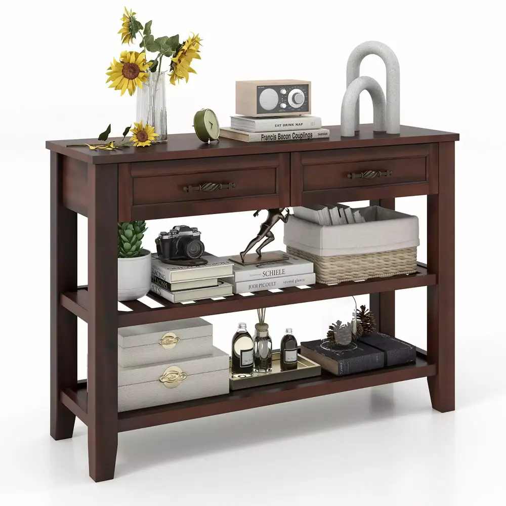 Gymax 3-Tier Narrow Console Table w/ 2 Drawers 2 Open Shelves Solid Wood Legs