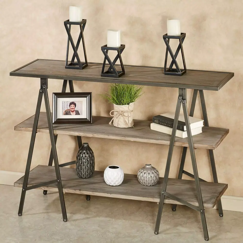 Rina Three Tier Console Table with Three Shelves Wood and Iron Design 47x15.5 Inches