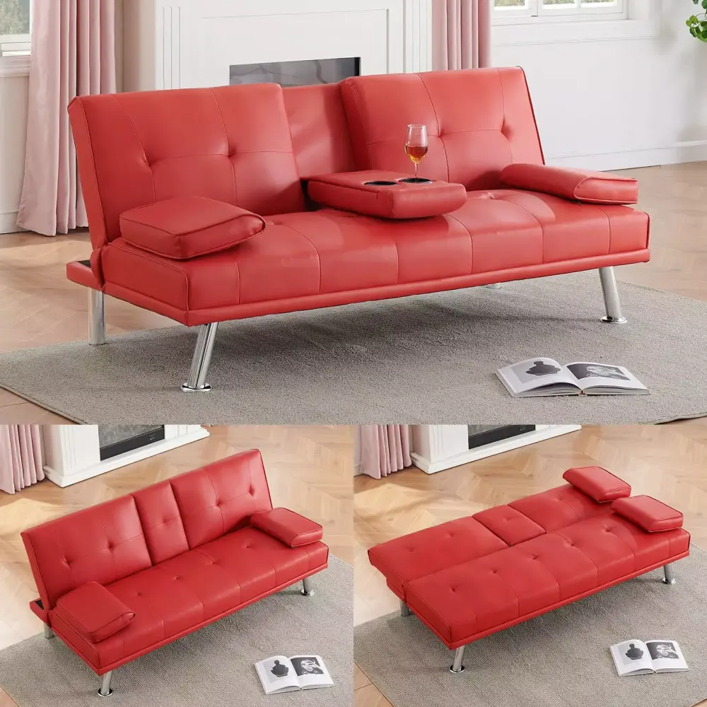 67 Red Leather Multifunctional Double Folding Sofa Bed with Coffee Table