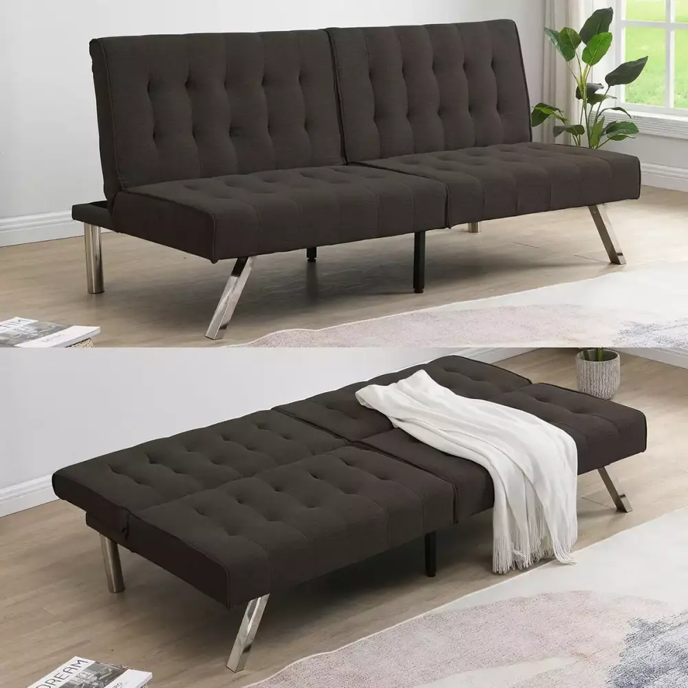 Espresso Faux Linen Futon Sofa Bed with Wood Frame and Stainless Steel Legs Multifunctional Sofa