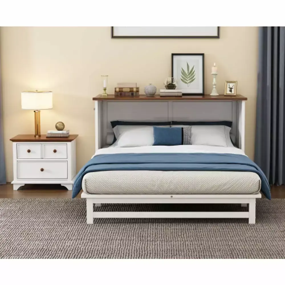 2 Pieces Wooden Bedroom Set Full Murphy Bed and Nightstand White Walnut Space Saving Furniture