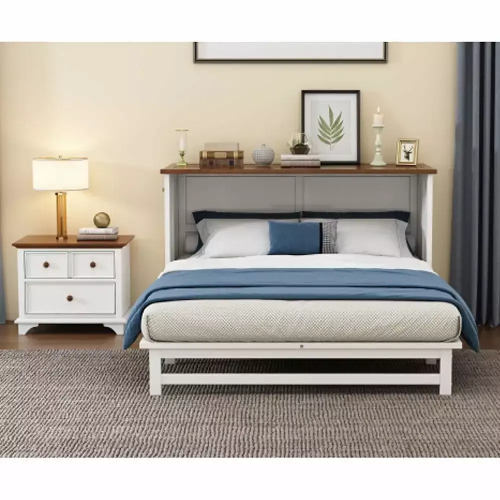 2-Piece Wooden Queen Murphy Bed and Nightstand Set in White and Walnut