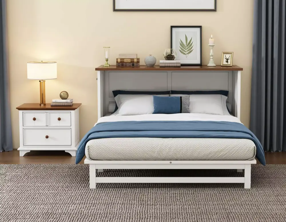 2 Pieces Wooden Full Murphy Bed and Nightstand Set in White and Walnut