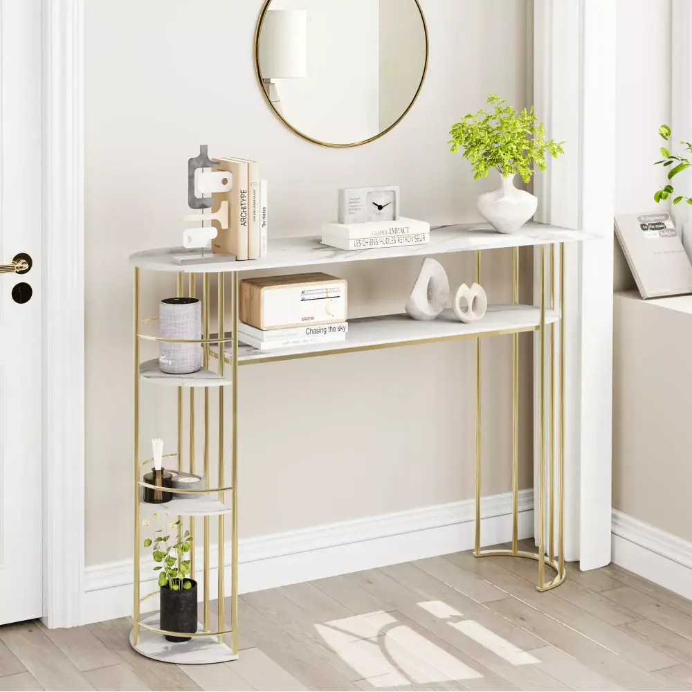 HOSSLLY 43.5 Inch Modern Gold Console Table with Storage Shelves Narrow Sofa Table for Foyer Bedroom