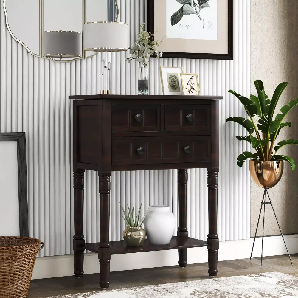 Narrow Console Table Slim Sofa Table with 3 Drawers and Shelf Espresso Living Room
