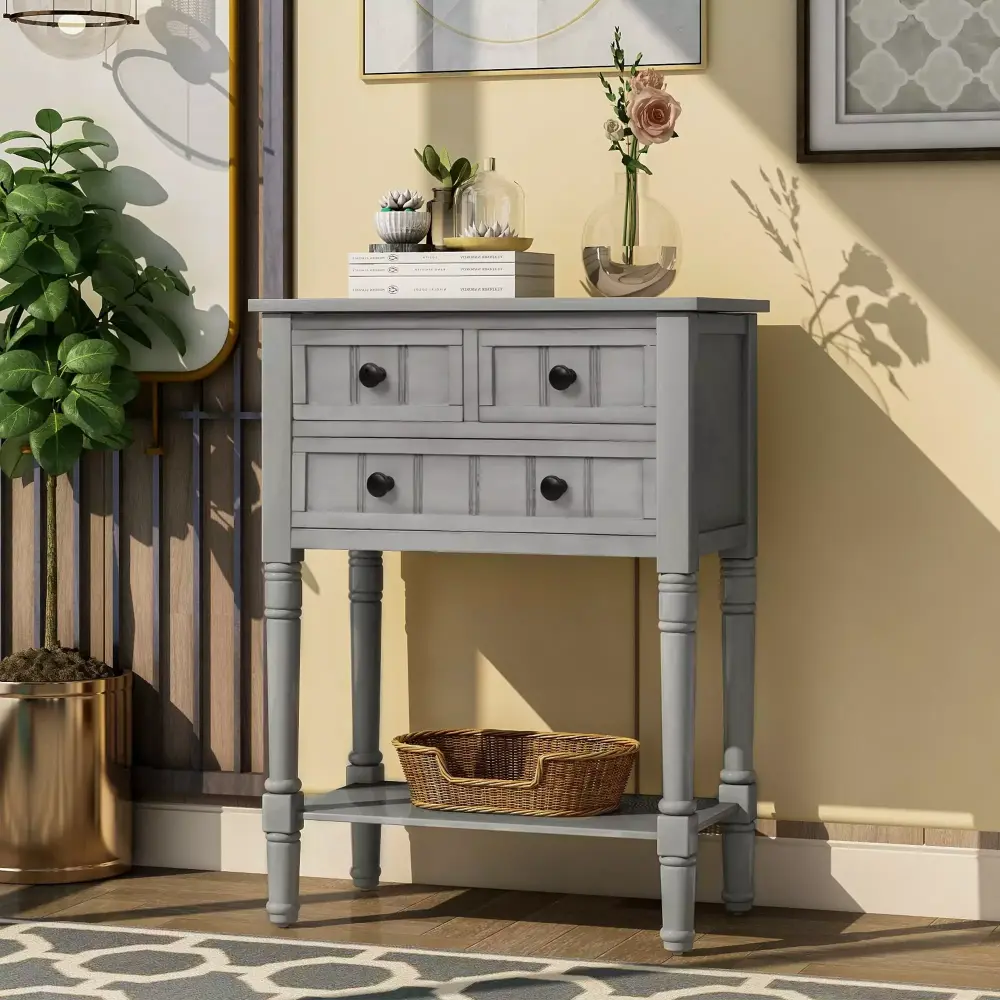 Homiyad Narrow Console Table Slim Sofa Table With Three Storage Drawers And Bottom Shelf For Living Room Easy Assembly Gray Wash