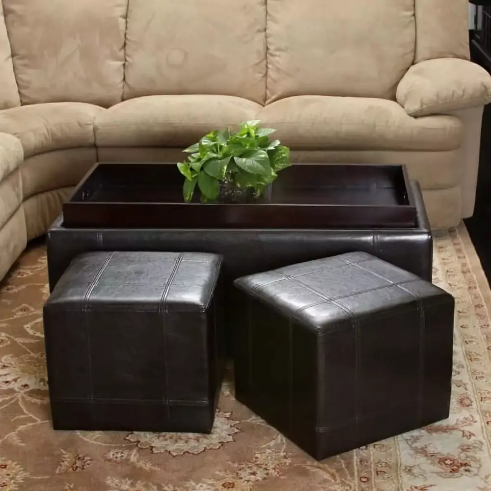 Noble House Tray Top Brown Bonded Leather Nested Ottomans Set of 3
