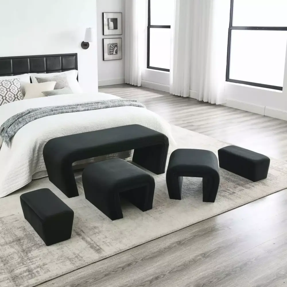 Modern Nesting Bench 46 W Velvet Upholstered Contemporary Design with Four Nested Benches Black Finish
