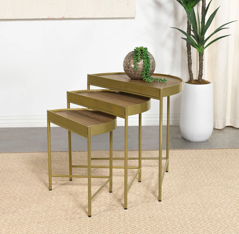 Tristen 3-Piece Demilune Nesting Table With Recessed Top Brown and Gold - Elegant Living Room Decor