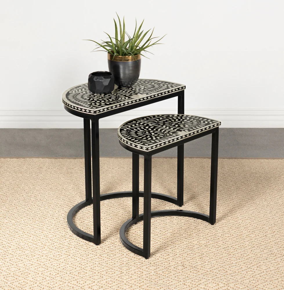 Zakiya 2-piece Demilune Nesting Table Black and White Space Saving Set
