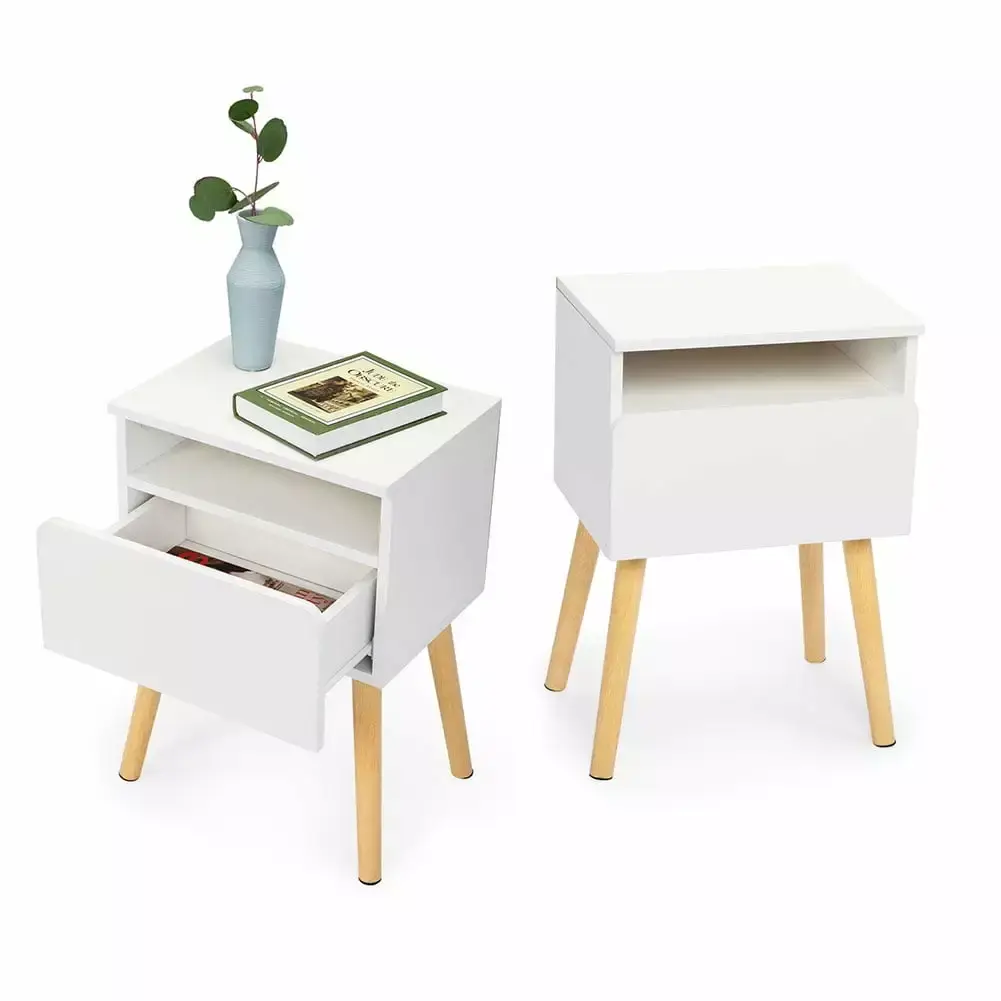 Canddidliike White Nightstand Set of 2 Open Storage Small Bedside Table with Solid Wood Legs