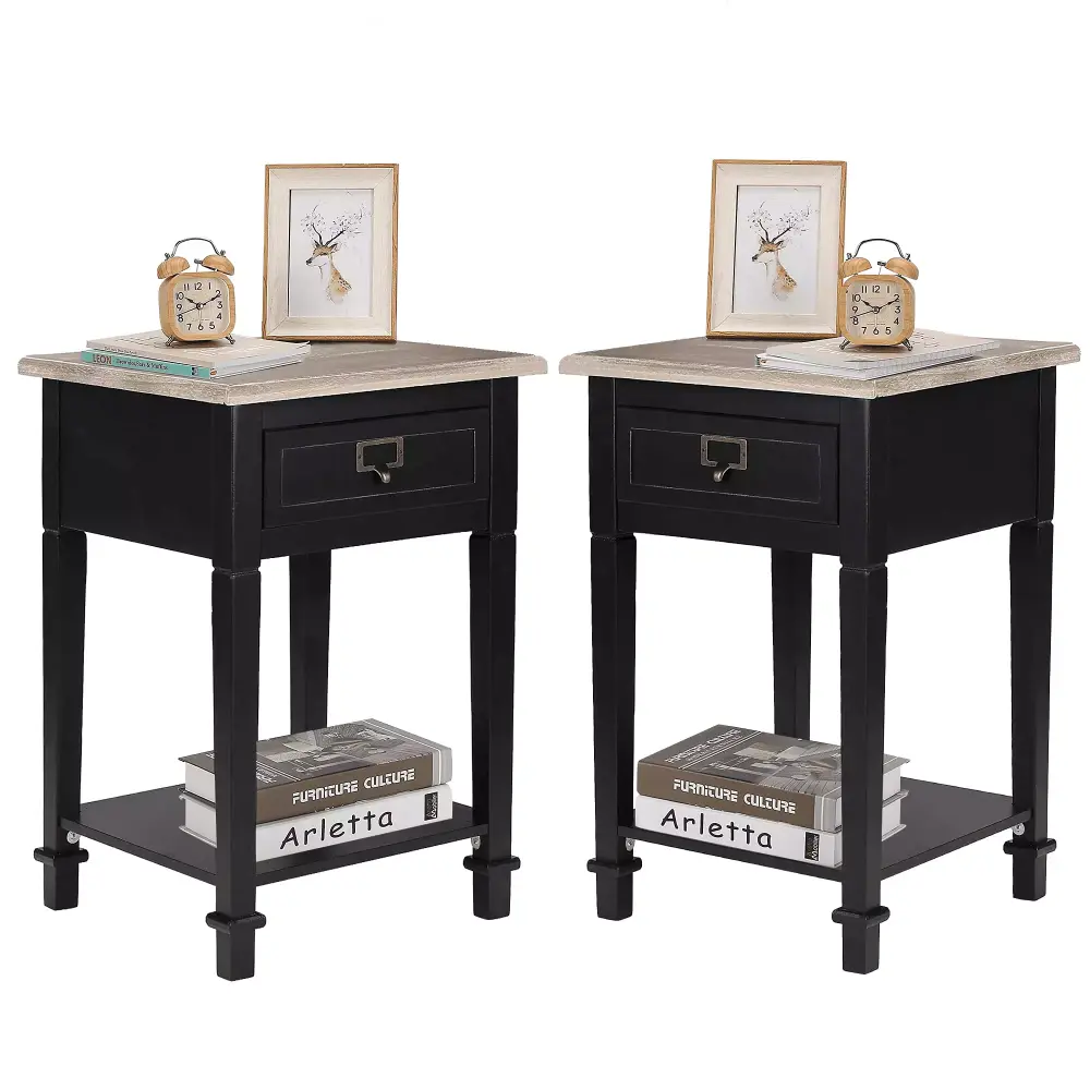 KINSUITE Set of 2 Nightstands Accent End Table Sofa Side Table with Drawer and Open Shelf Black