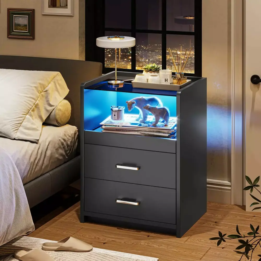 Afuhokles Nightstand with Charging Station 2 Drawers Pull Out Tray Bedside Table with LED Lights Black