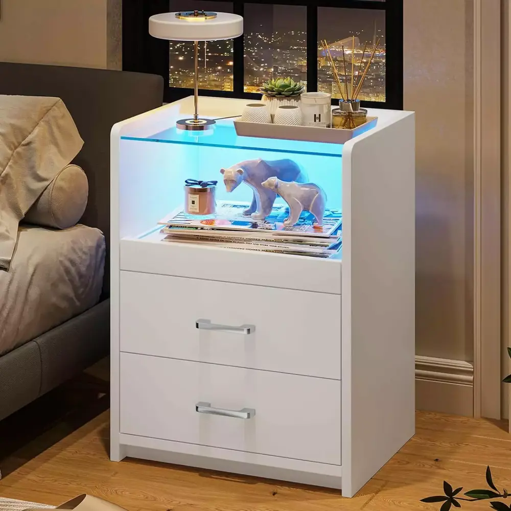 Afuhokles Nightstand with LED Lights and Charging Station - 2 Drawers Glass Top Bedside Table