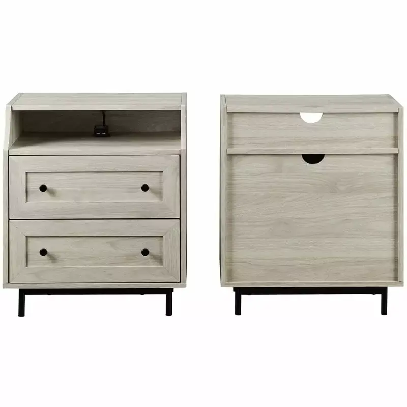 2-Drawer Bedroom Nightstand with USB Ports in Natural Birch - Set of 2 Modern Side Tables