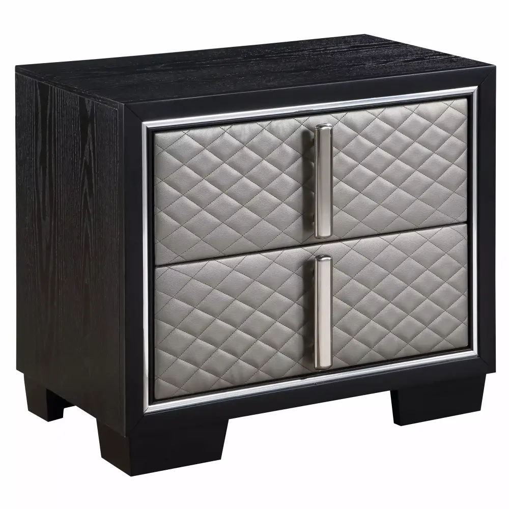 ACME Nicola 2 Drawers Wooden and Faux Leather Nightstand in Silver and Black