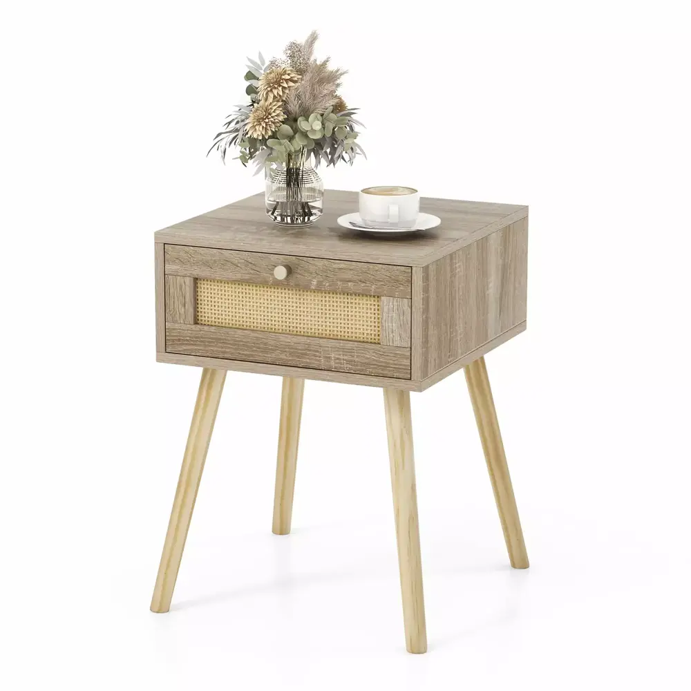 Gymax Nightstand with Rattan Drawer for Bedroom Living Room Bedside Sofa Table