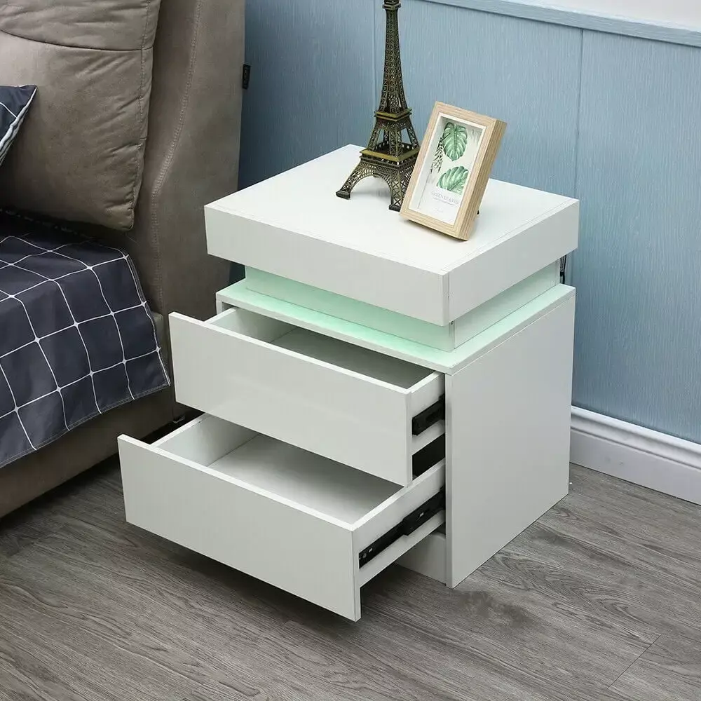 ZhdnBhnos Modern Bedroom Nightstand with LED Light High Gloss 2 Drawer Beige White