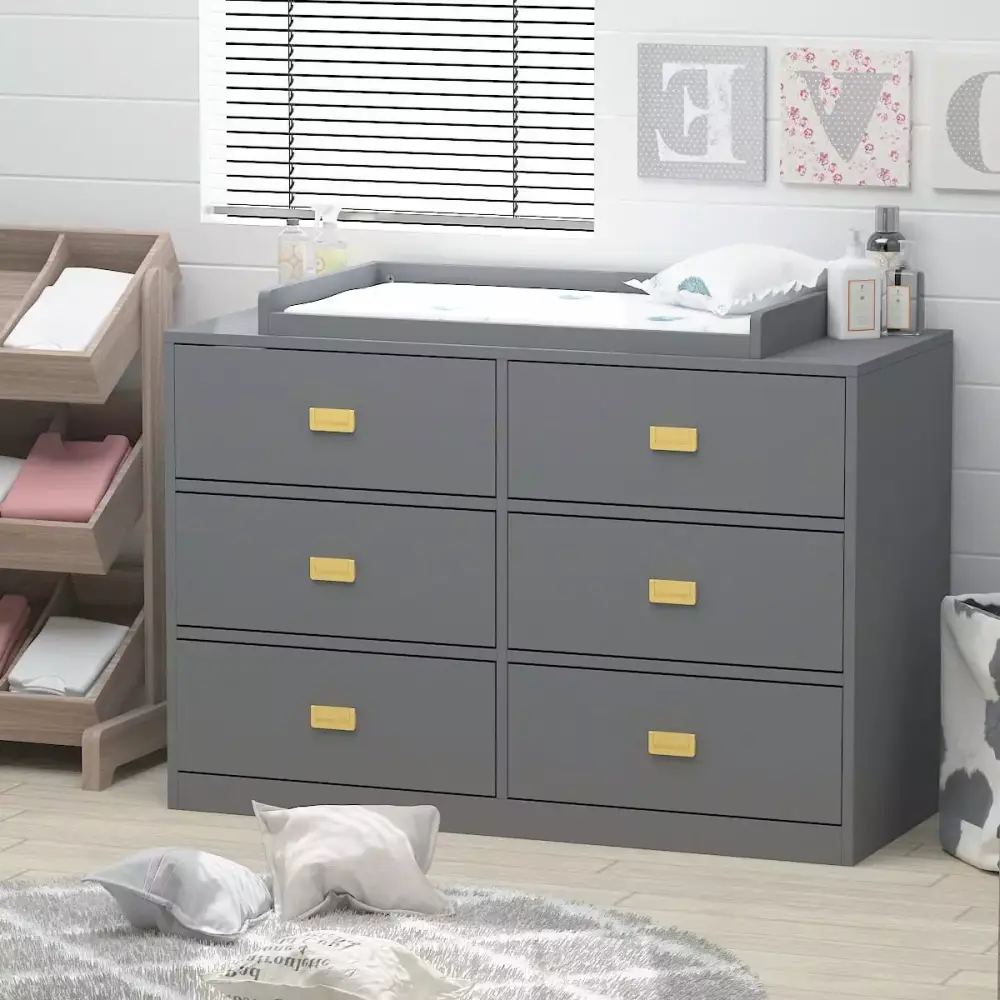 FUFU&GAGA Children 6 Drawer Dresser with Changing Top - Perfect Nursery and Kids Room Storage in Gray