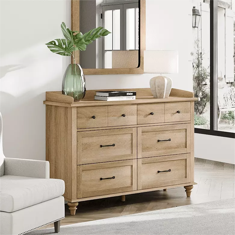 Wood Kids Dresser with 6 Drawers Oak Nursery Dresser Mid-Century Chest of Drawers