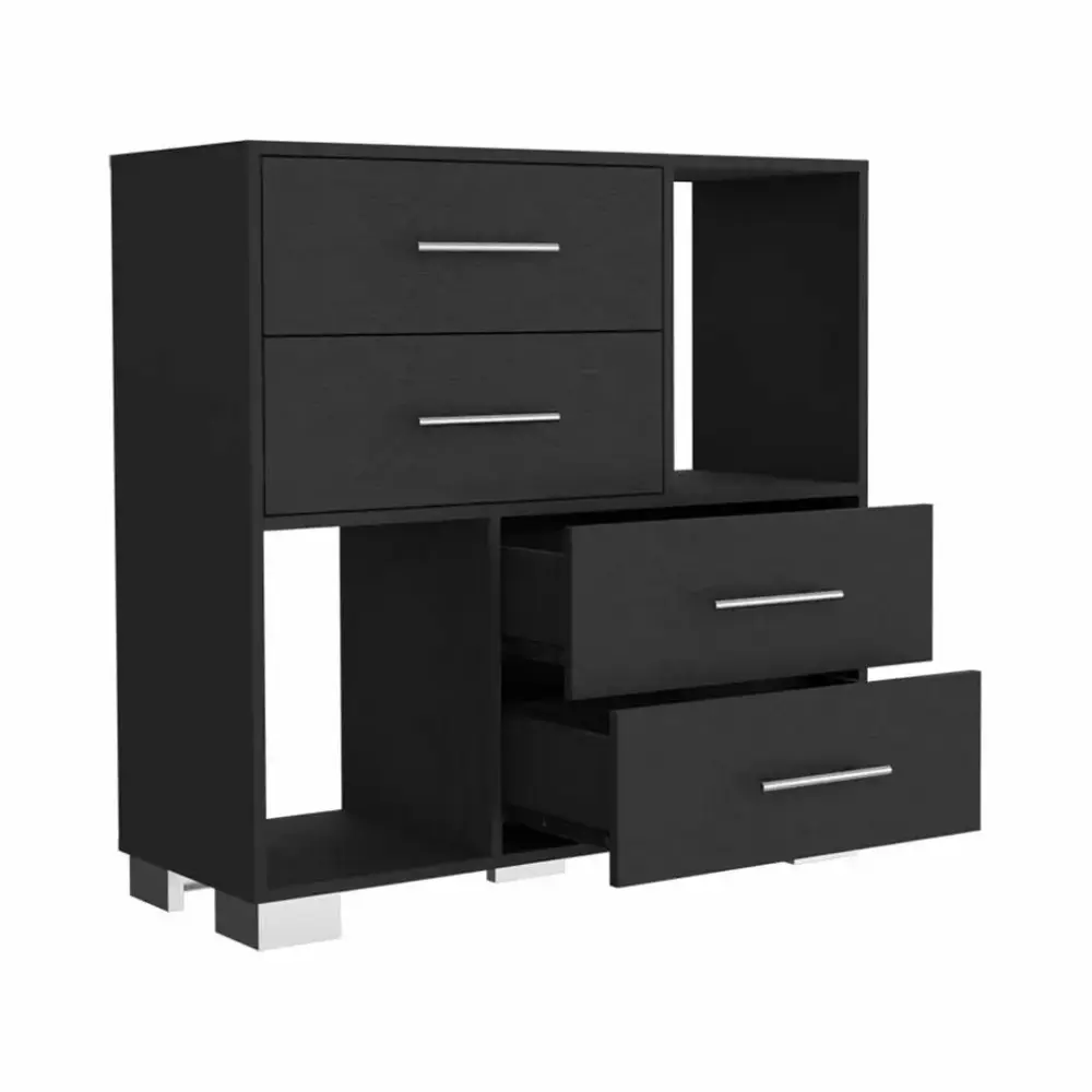 DeeHome Hetzs Black Wengue Dresser with Four Drawers and Two Open Shelves
