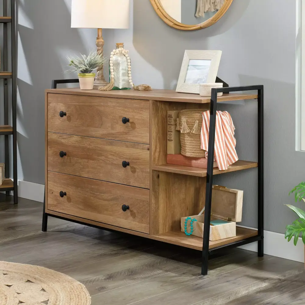 Sauder North Avenue 3-Drawer Dresser with Open Shelves Sindoori Mango