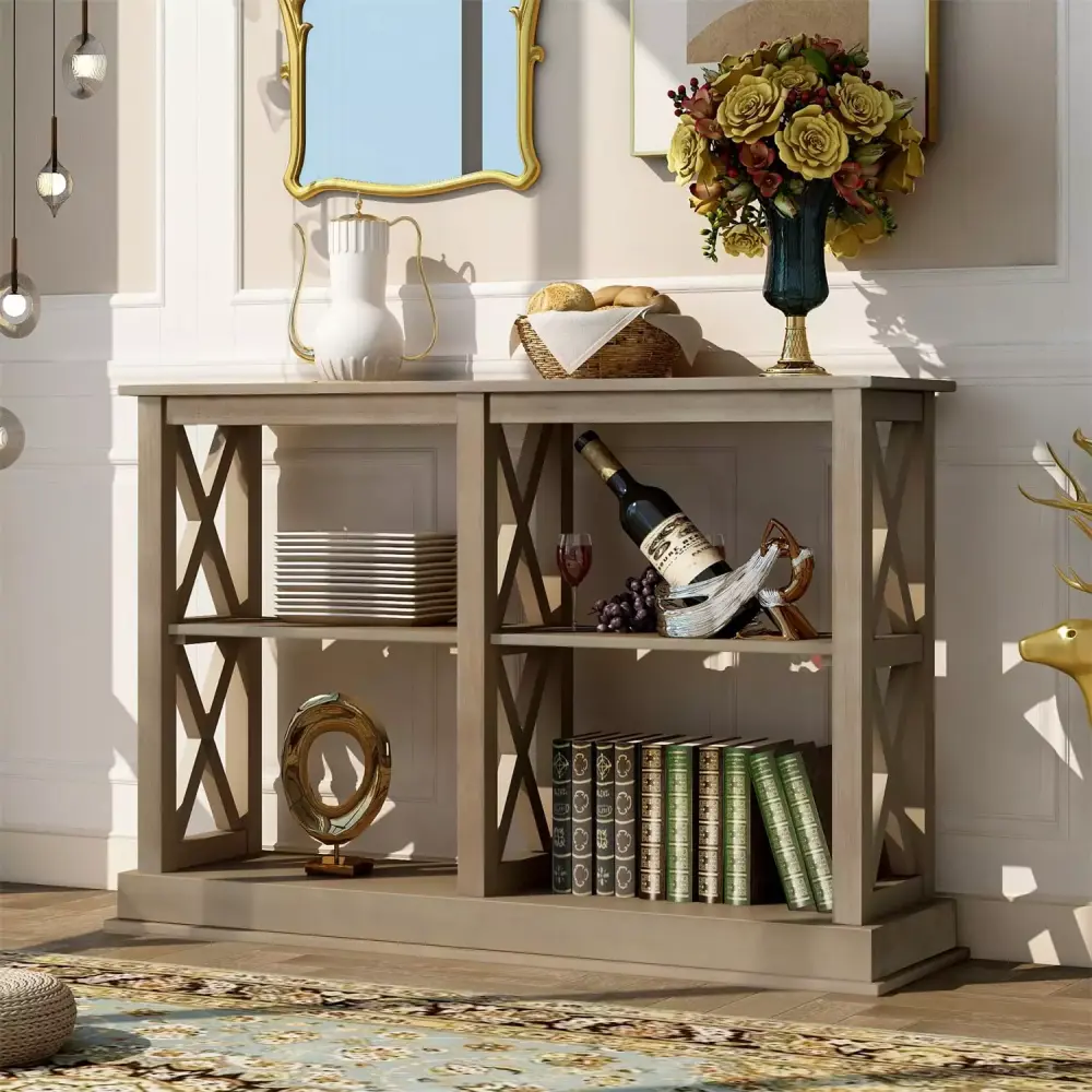 Console Table with 3-Tier Open Storage Spaces & X Legs Structure in White Wash - Narrow Sofa Entry Table