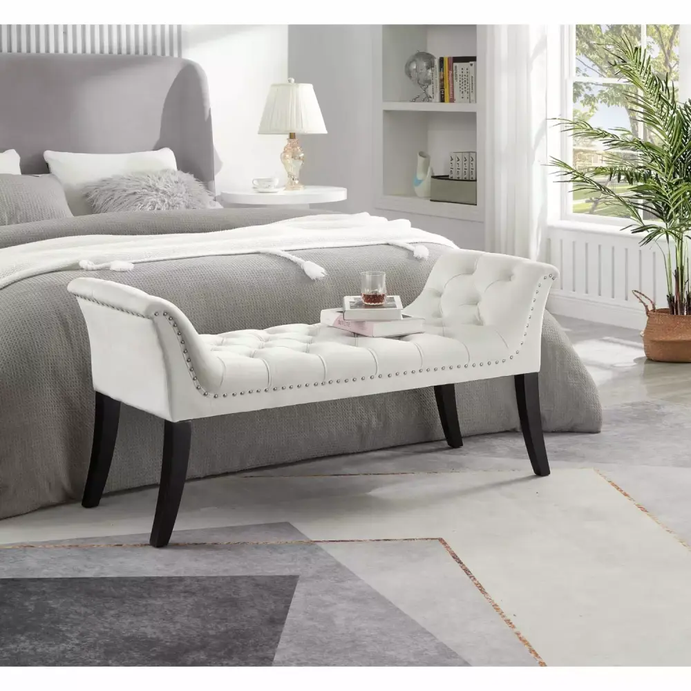 Button-Tufted Ottoman Bench in Beige Velvet for Entryway Dining Living Bedroom