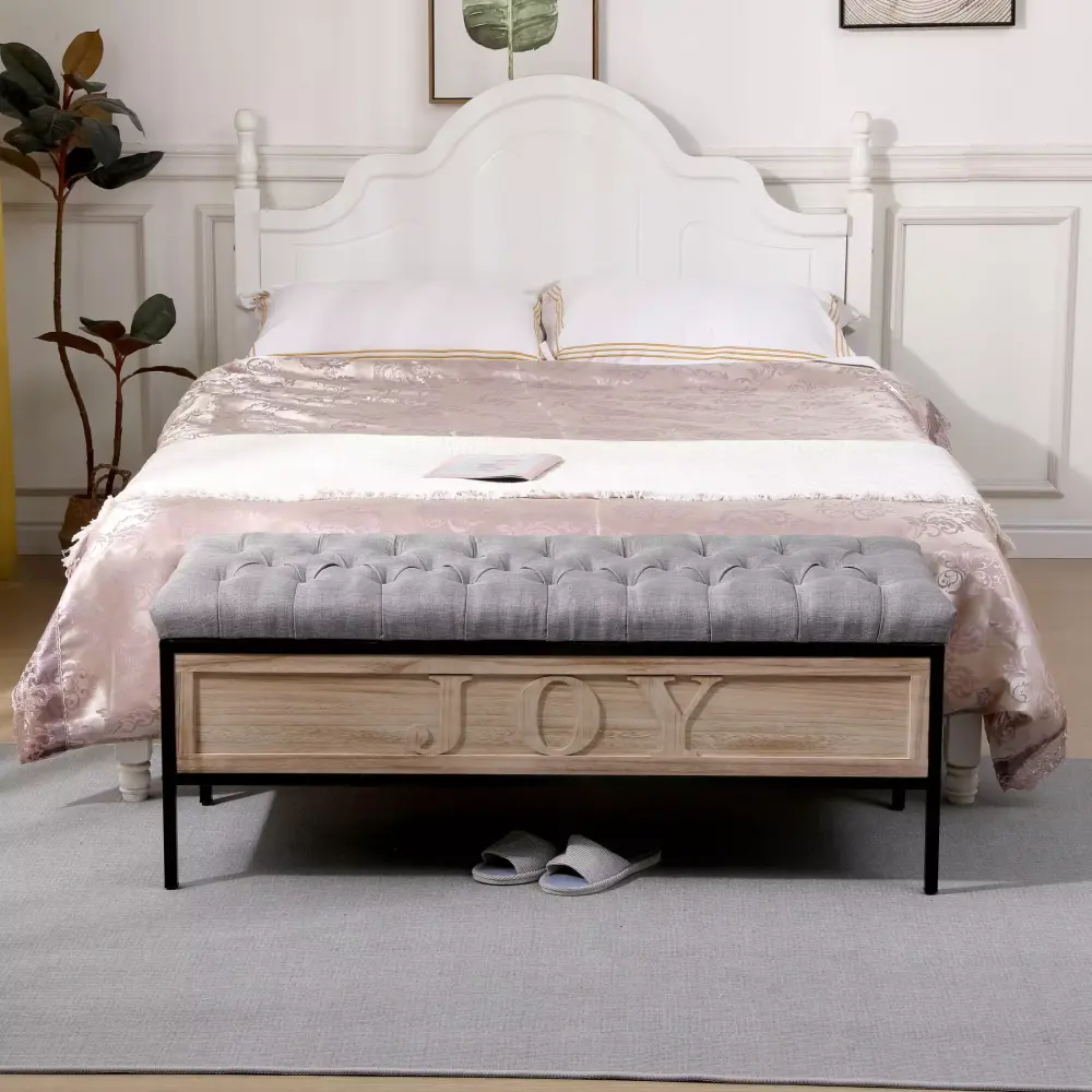 48 Inch Gray Linen Upholstered Storage Bench with Button Tufted Design