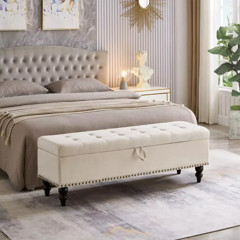 Beige Fabric Bed Bench Ottoman with Storage - Button Tufted Multifunctional 59 Inch