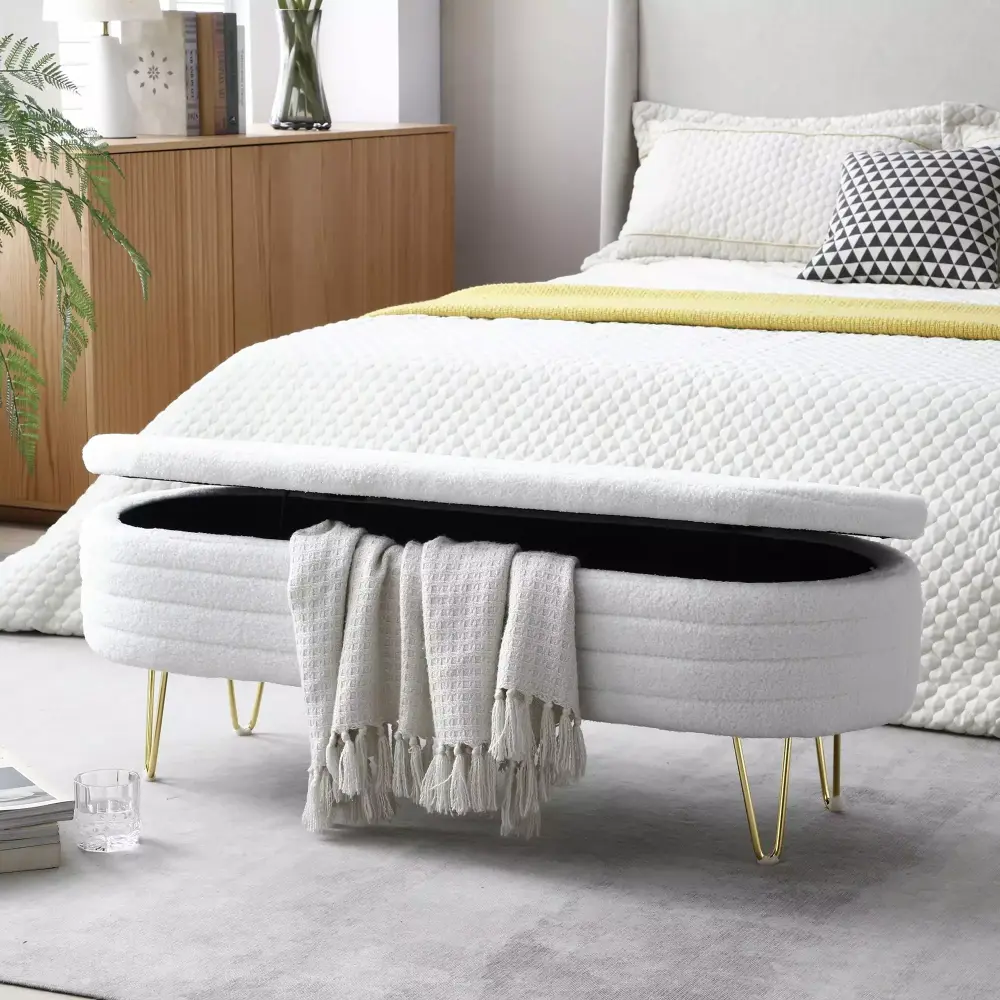 46.9 Width Oval Storage Bench with Gold Legs - Teddy Fabric Upholstered Ottoman for Bedroom