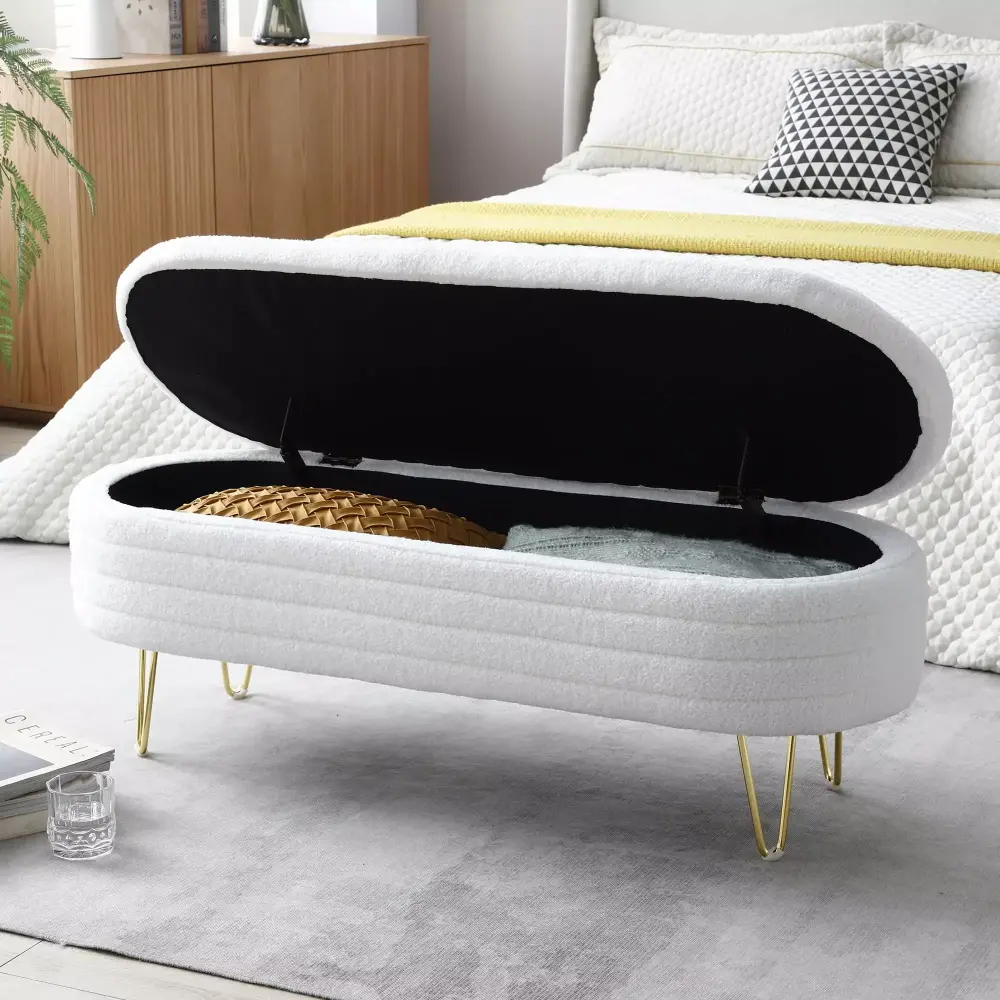46.9 Width Oval Storage Bench with Gold Legs - Teddy Fabric Upholstered Ottoman for Bedroom