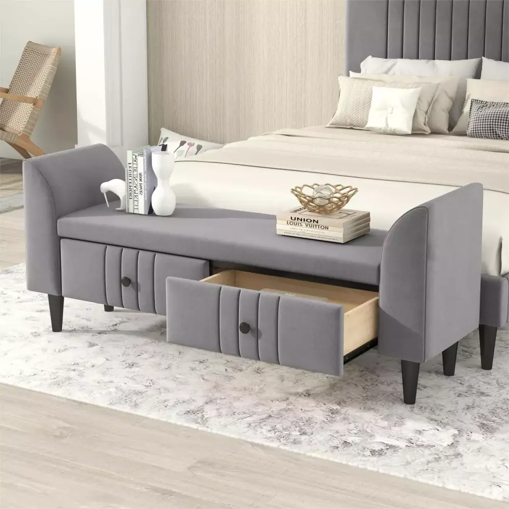 Contemporary Gray Upholstered Wooden Storage Ottoman Bench with Dual Drawers for Living Room Bedroom Nursery