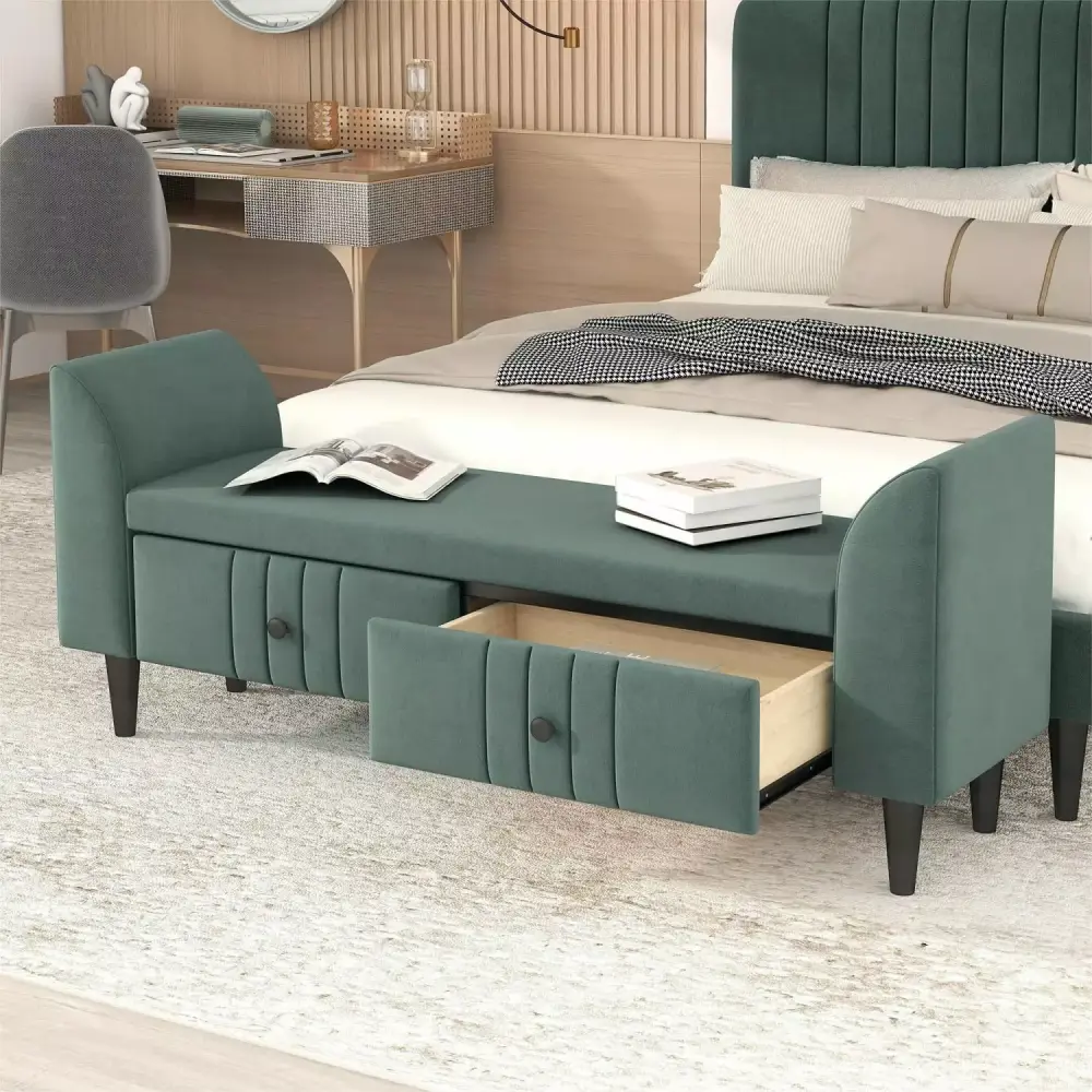 Green Upholstered Wooden Storage Ottoman Bench with 2 Drawers for Bedrooms Modern Homes