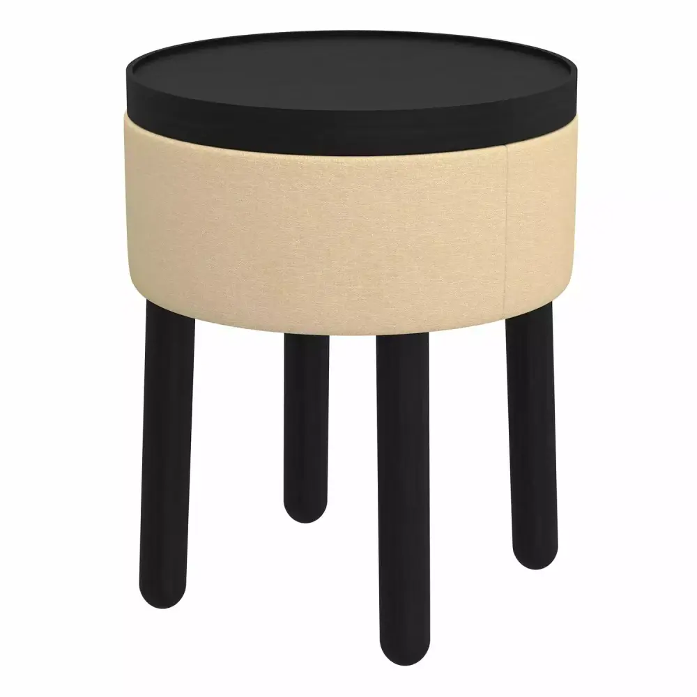 WHI Mid-Century Modern Fabric and Wood Round Storage Ottoman with Tray in Beige and Black