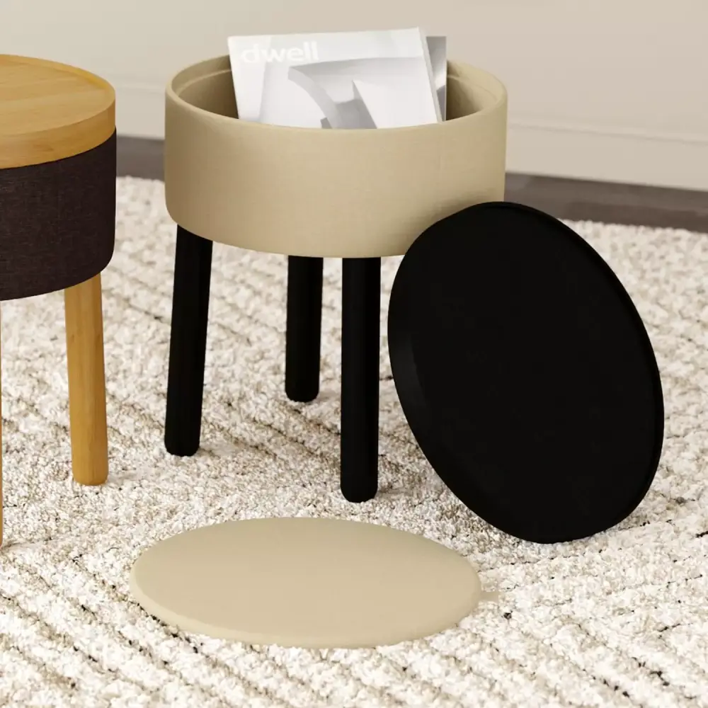 WHI Mid-Century Modern Fabric and Wood Round Storage Ottoman with Tray in Beige and Black