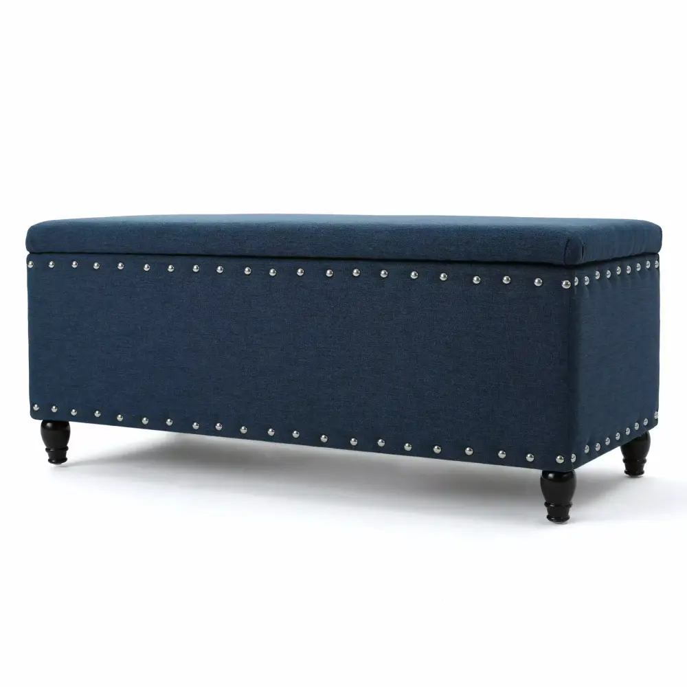 Dynasty Navy Blue Fabric Storage Ottoman - Living Room Footrest with Hidden Compartment