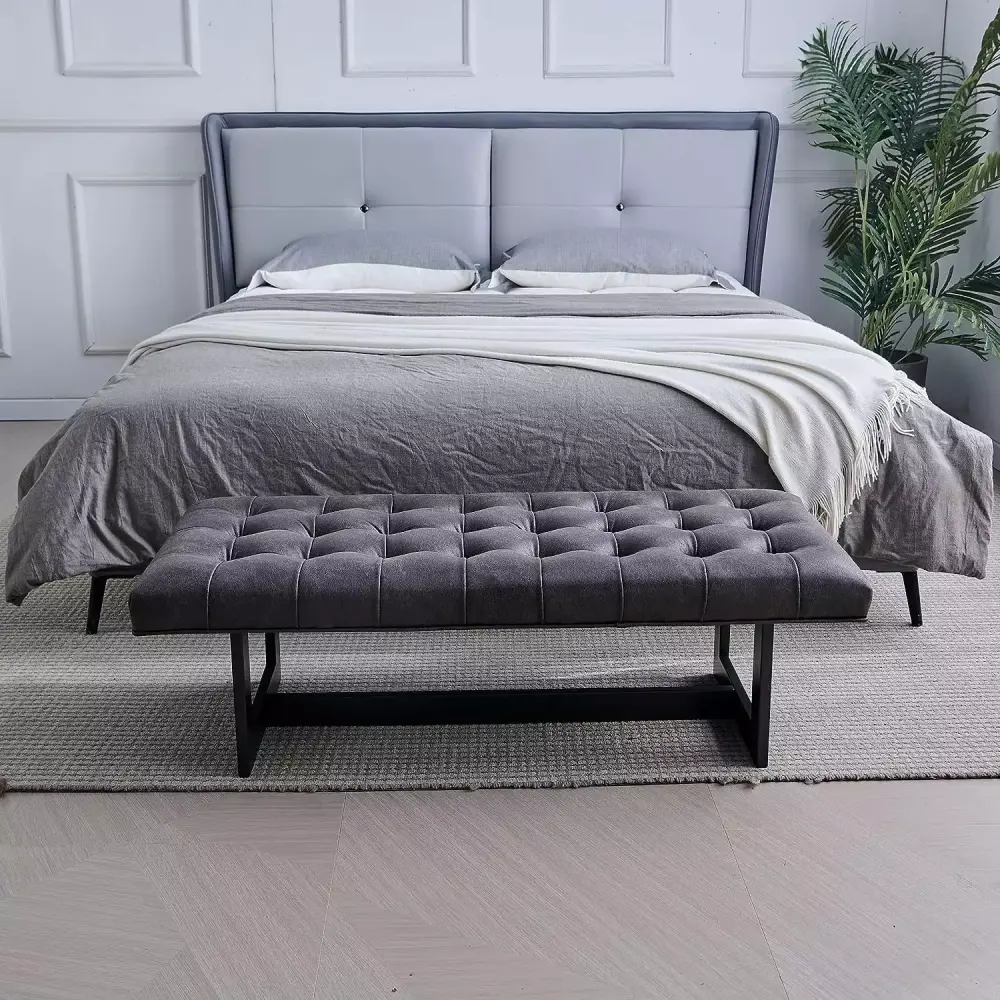 Nathaniel Home 48'' Button-Tufted Kids Ottoman Upholstered Bedroom Benches Leather Footrest Stool Accent Bench for Bedroom End of Bed Foggy Gray