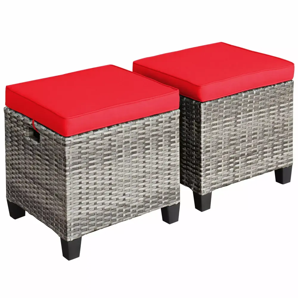 Gymax Set of 2 Patio Ottoman Rattan Wicker Footstools with Red Cushions - Outdoor Seating