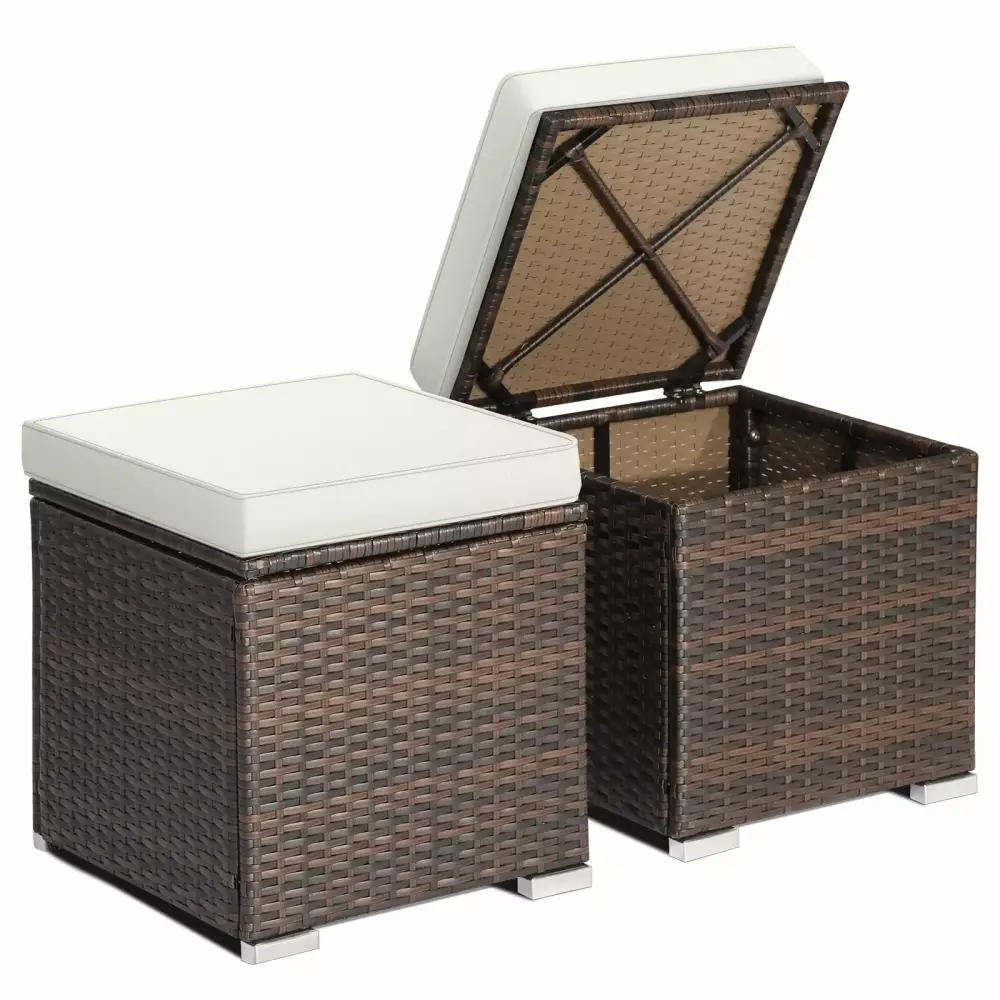Vicamelia 2 Piece White Rattan Storage Ottoman Set with Removable Cushions - Bedroom Living Room Stool
