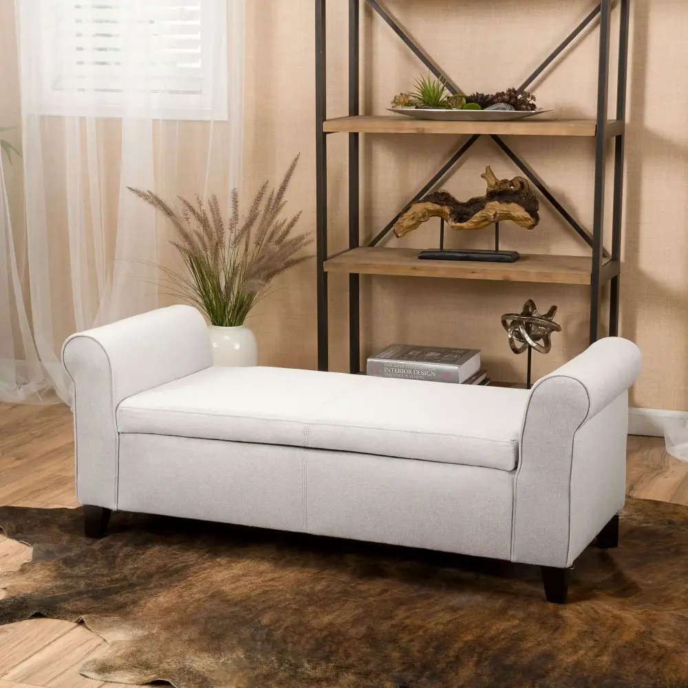 Noble House Haden Light Gray Fabric Storage Bench Ottoman with Arms