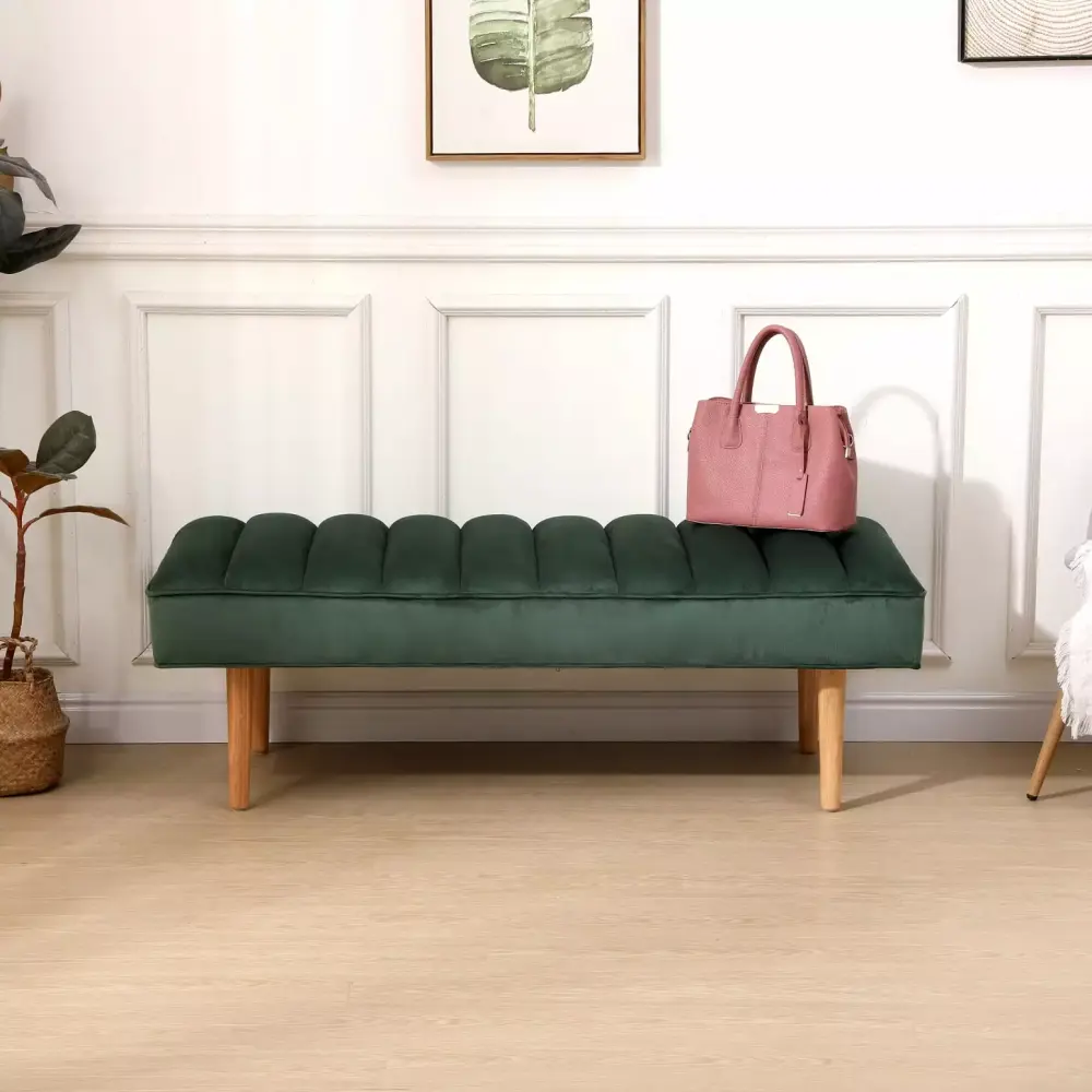 Chic Green Velvet End of Bed Bench Channel Tufted Ottoman Modern Stylish Accent Furniture