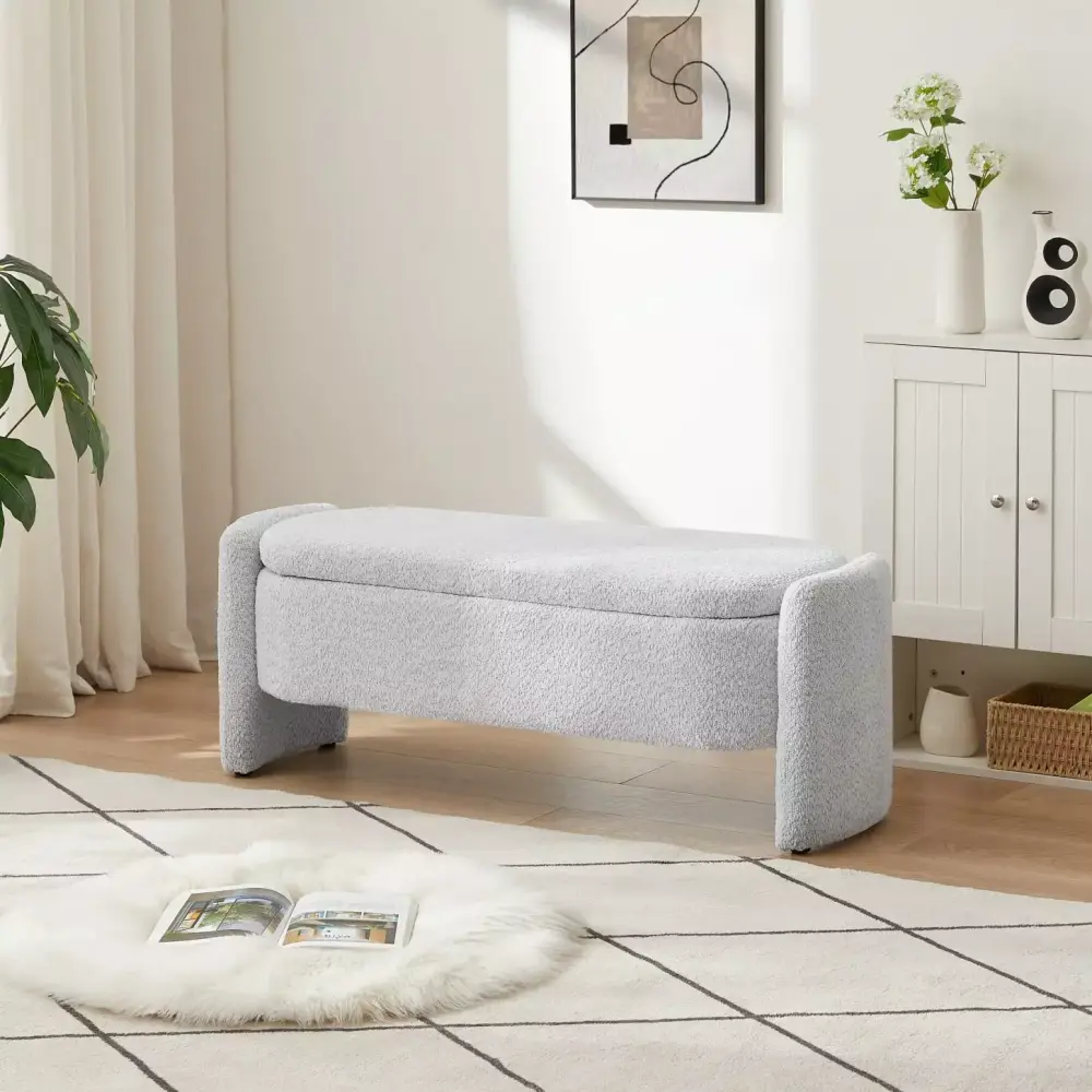 Oval Storage Bench in Gray with 3D Lamb Fleece Fabric and Large Storage Space
