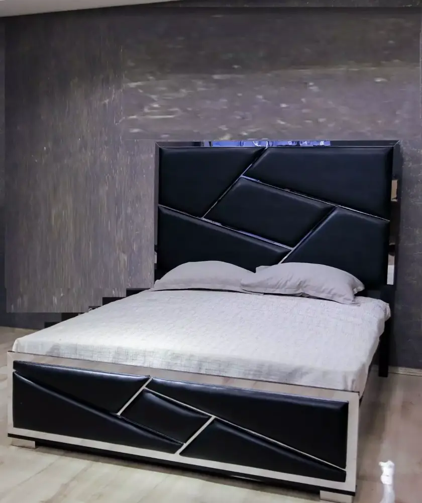Modern 4pc Black Padded King Bed Set with Mirrored Accents Dresser Mirror Nightstand