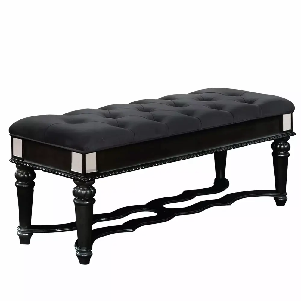Benjara Fabric Padded Bench with Deep Button Tufting and Turned Legs Black