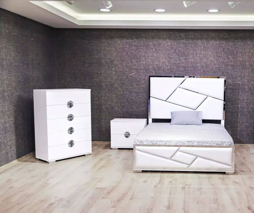 Modern 3pc White Padded Headboard Mirrored Accents Queen Bed Nightstand Chest Set - Unique Hardware