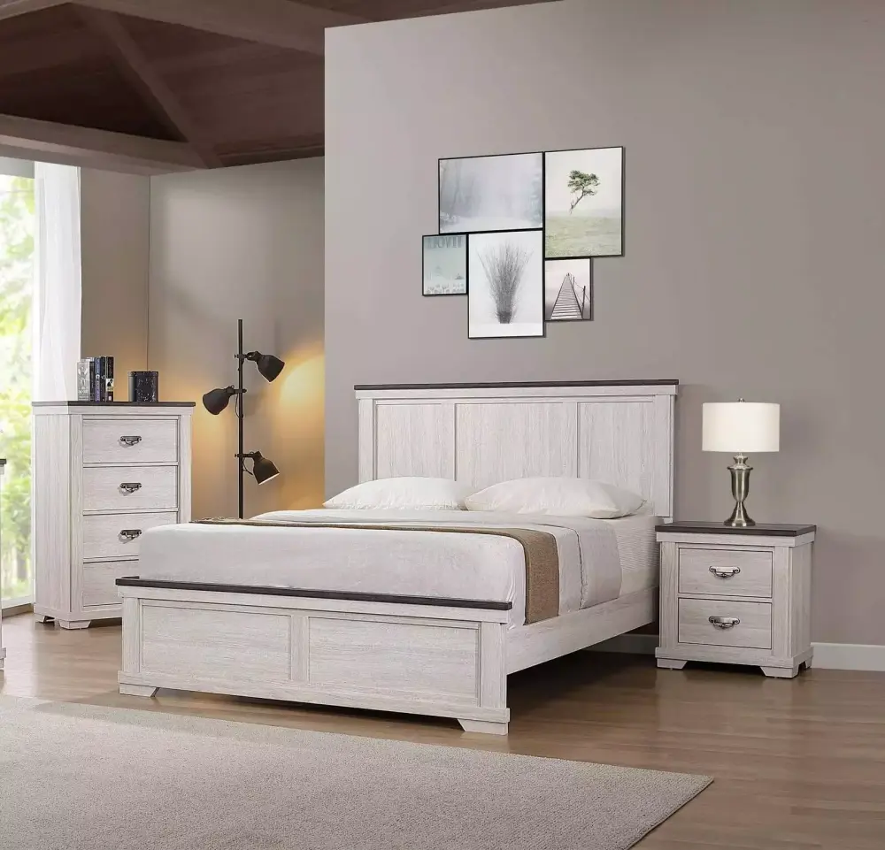 Antique White Brown Finish 3pc King Size Panel Bed Set with Chest and Nightstand