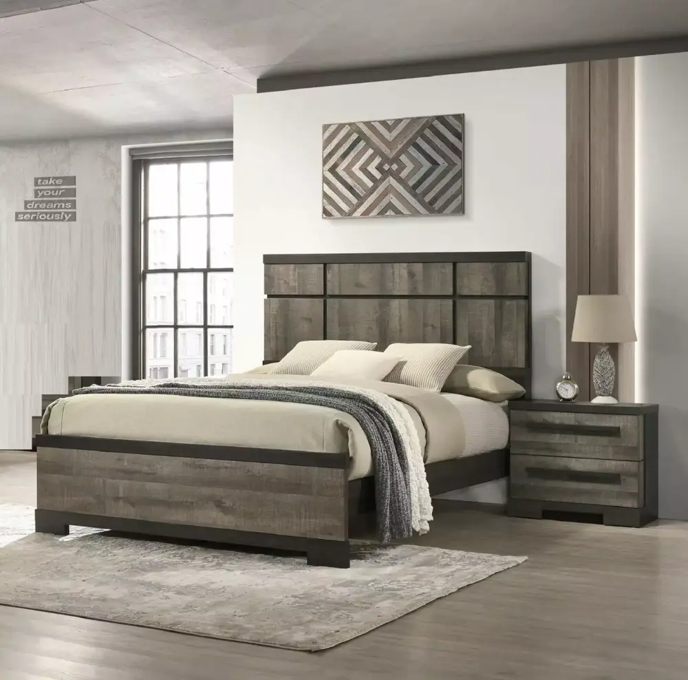 3pc Contemporary Queen Size Panel Bed Set in Brown and Gray