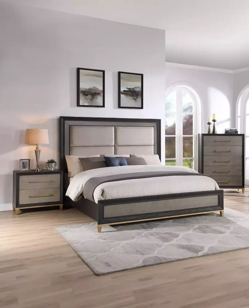 3pc Modern Bedroom Set with Queen Panel Bed Chest Nightstand and Upholstered Headboard in Black Brown