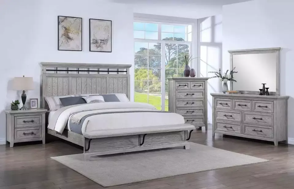 Master Bedroom 6pc Light Gray Finish Queen Size Panel Built-in Bench Bed Set Solid Wood Furniture